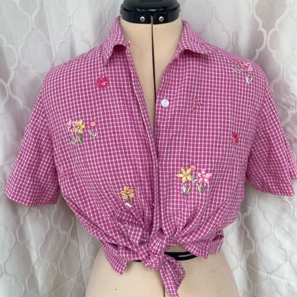 Barbie core gingham pink floral embroidered top - Picture 1 of 5
